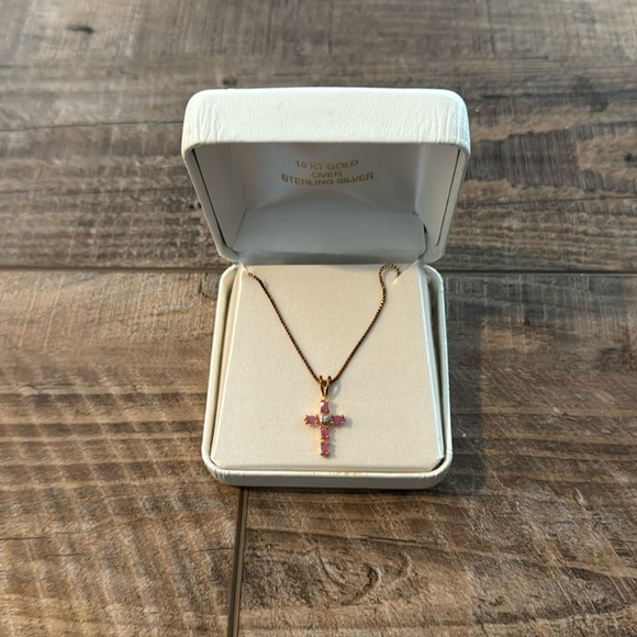 Gold and Pink Cross Necklace Never Worn Great Condition Box Included - Picture 1 of 4